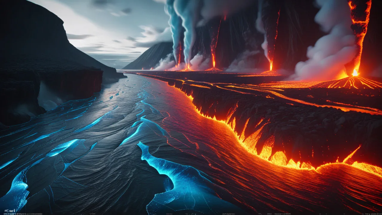 rivers of incandescent lava flowing into the sea