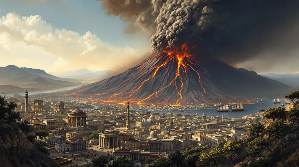 Dramática erupción del Vesubio en el año 79 d. C., nube de ceniza sobre Pompeya, flujos piroclásticos hacia Herculano, antiguo escenario romano.