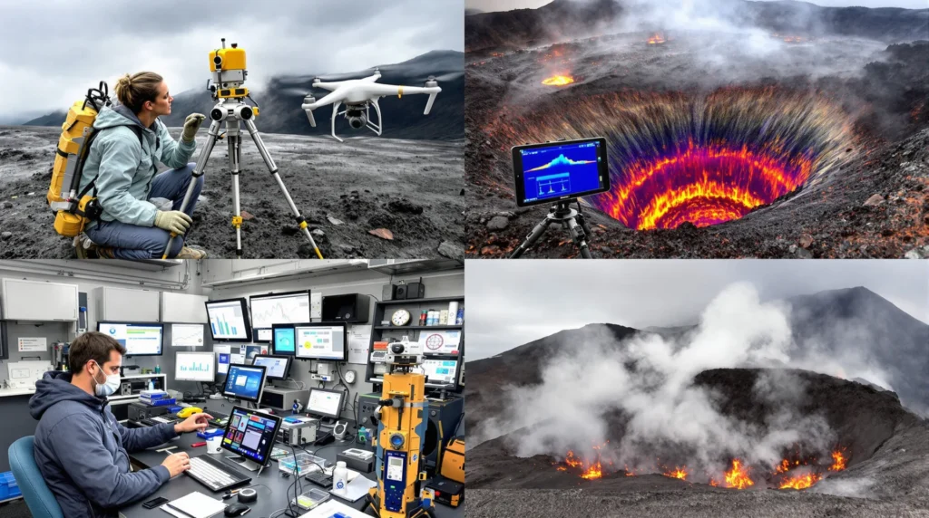 Un collage de imágenes mostrando científicos utilizando diferentes instrumentos para monitorear la actividad volcánica, como sismómetros y drones.