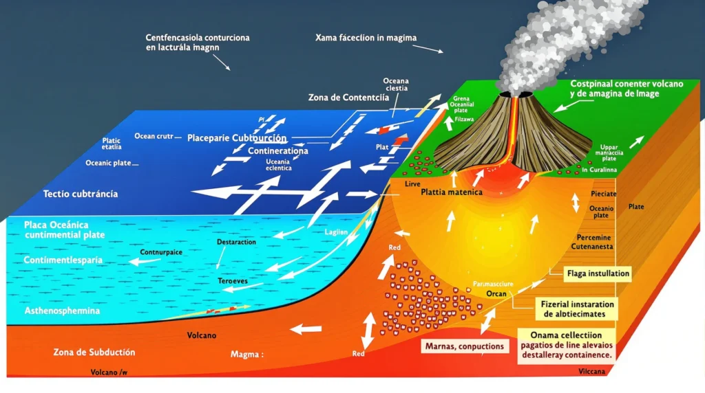 Un diagrama que muestre dos placas tectónicas separándose, con magma ascendiendo desde el manto para formar nueva corteza y volcanes submarinos.