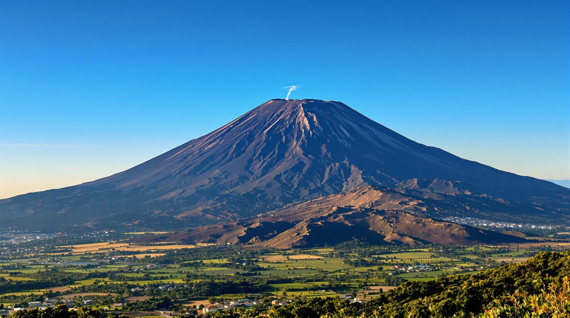 Una vista majestuosa del Monte Etna elevándose sobre el paisaje siciliano, con una columna de humo elevándose suavemente desde su cima